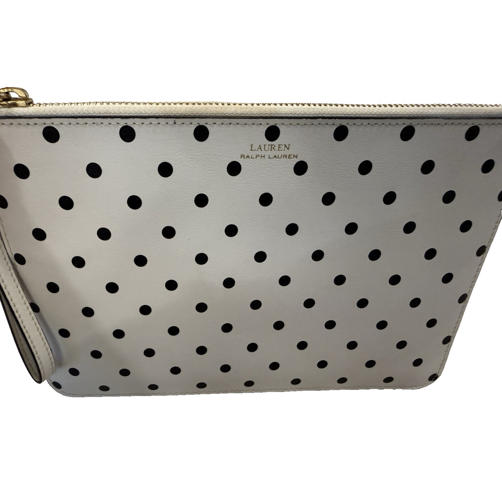 LAUREN Ralph Lauren White Black Polka Dot Leather Wristlet Clutch Bag Small
